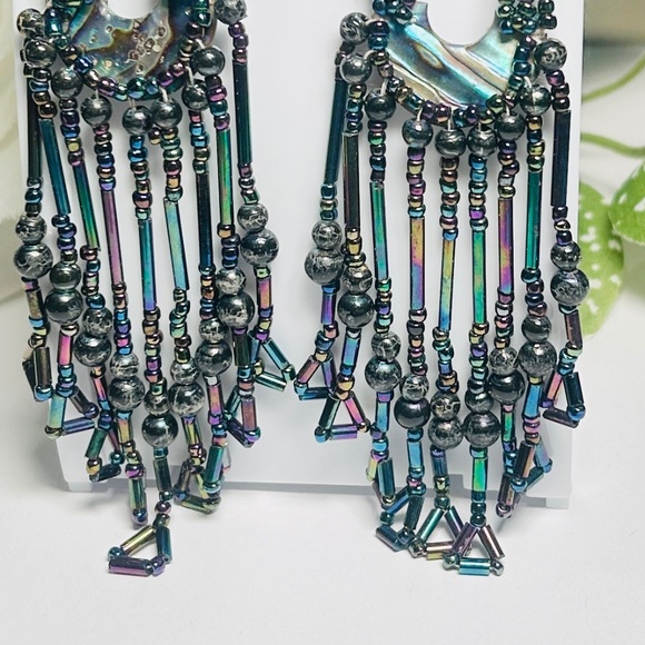 Intricate Mother of Pearl, Abalone Shell Aurora Borealis Seed Bead Earrings - Picture 5 of 6